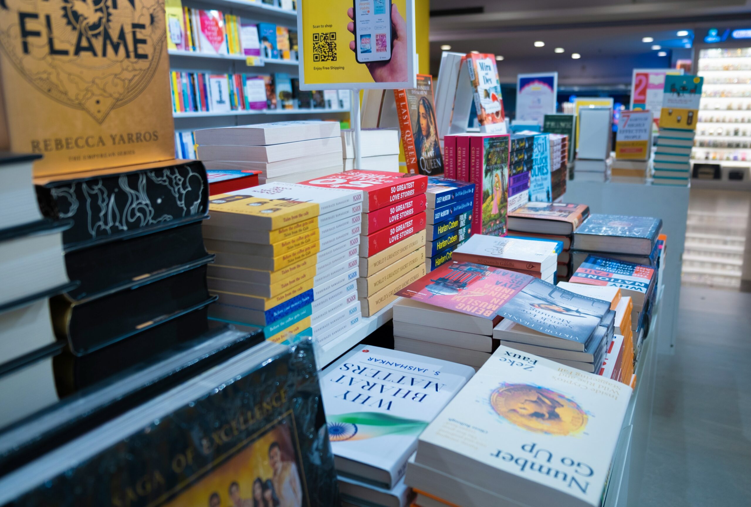 Books on tables in a bookstore